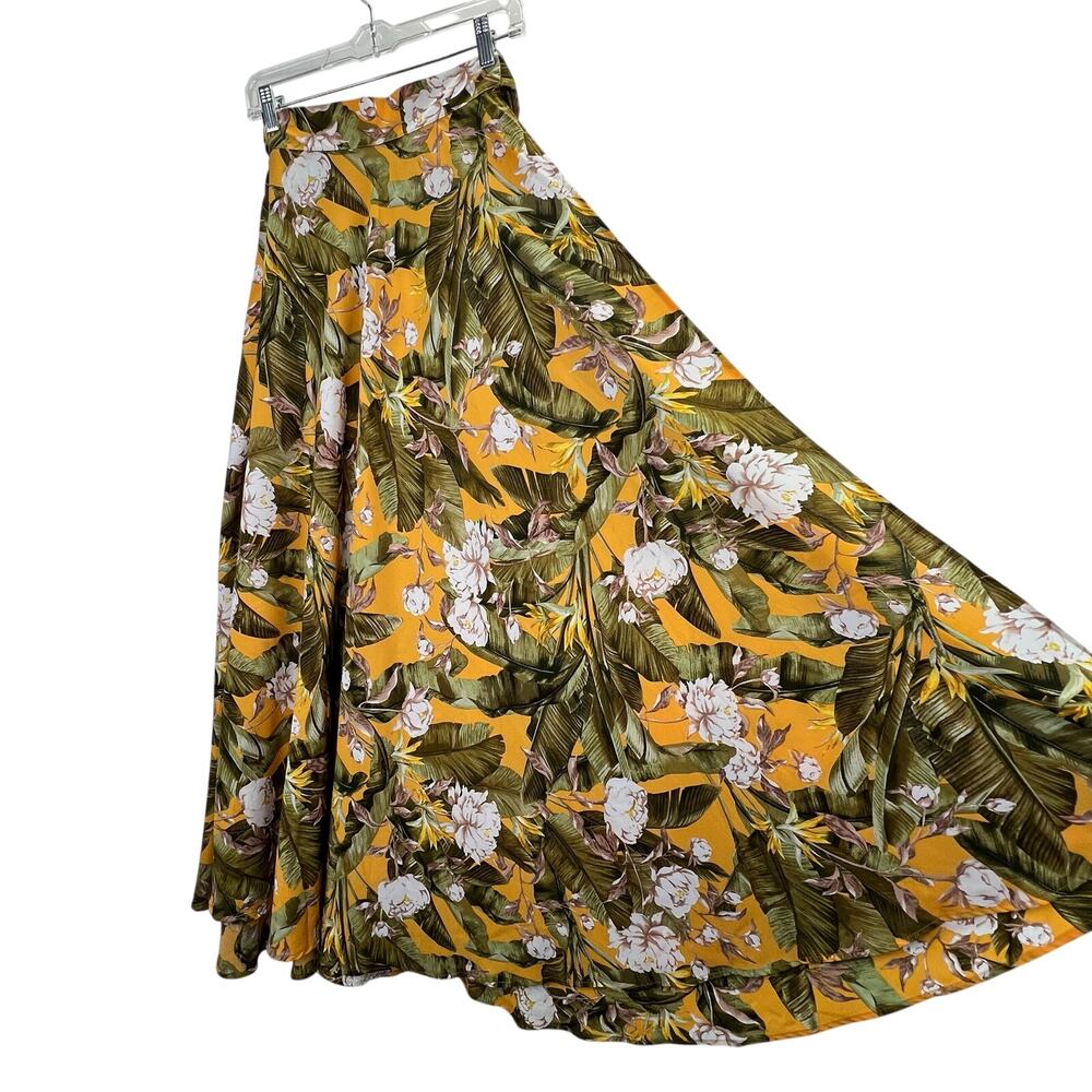 Lulus Away to the Islands Marigold Tropical Wrap Maxi Skirt S Green Yellow NWOT